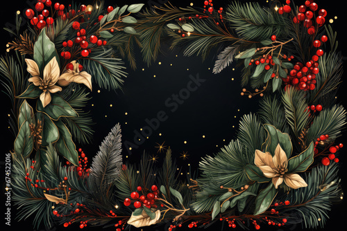 Frame for Christmas party invitations  rectangle  retro winter theme  Christmas leaves  felt blanket  fairy lights  cozy atmosphere  Christmas tree and incandescent Christmas lights by Generative AI