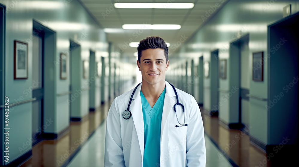 YOUNG SMILING DOCTOR AGAINST THE BACKGROUND OF THE HOSPITAL. legal AI YOUNG SMILING DOCTOR AGAINST THE BACKGROUND OF THE HOSPITAL. legal AI
