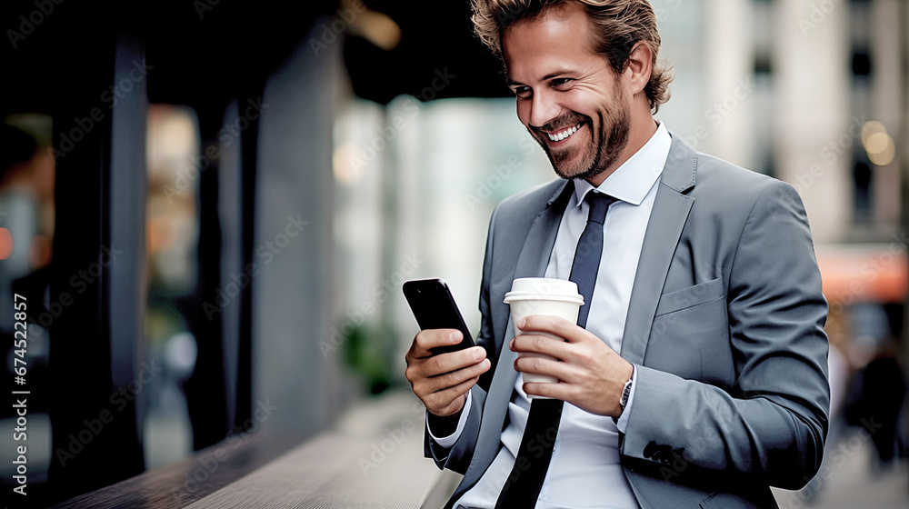 BUSINESSMAN READING MESSAGES ON SMARTPHONE AND DRINKING COFFEE. legal AI BUSINESSMAN READING MESSAGES ON SMARTPHONE AND DRINKING COFFEE. legal AI