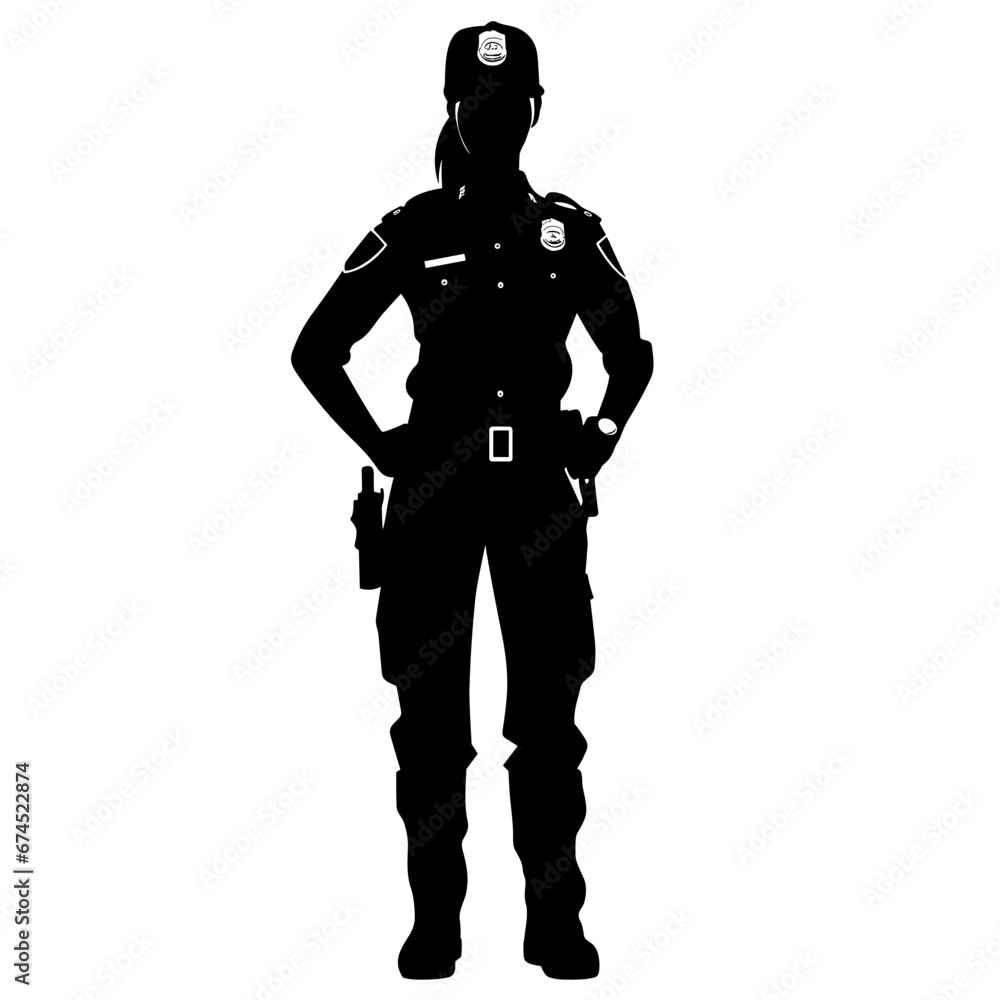 Police officer woman black icon on white background. Female police officer silhouette Police officer woman black icon on white background. Female police officer silhouette