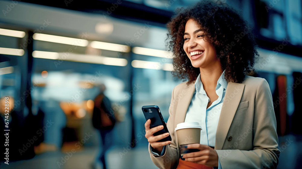 BUSINESSWOMAN READING MESSAGES ON SMARTPHONE AND DRINKING COFFEE. legal AI BUSINESSWOMAN READING MESSAGES ON SMARTPHONE AND DRINKING COFFEE. legal AI