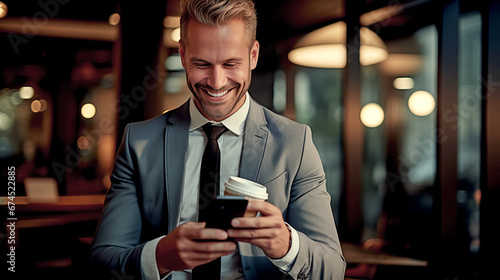 BUSINESSMAN READING MESSAGES ON SMARTPHONE AND DRINKING COFFEE. legal AI