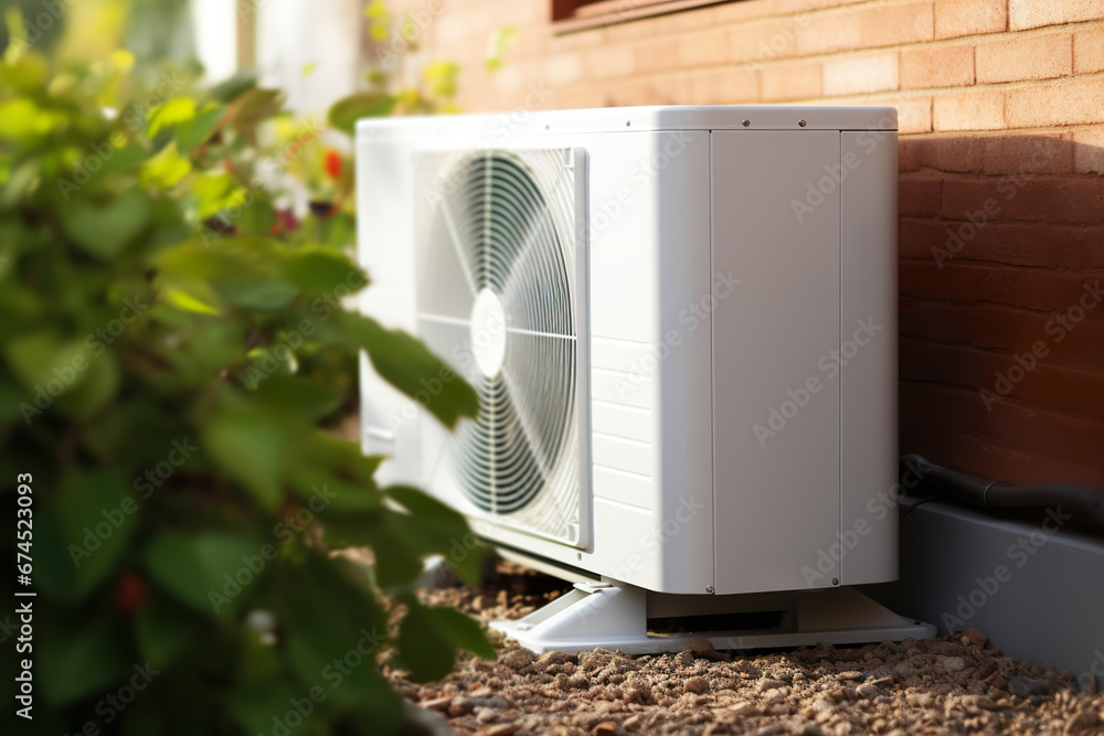 Air heat pump standing outdoors. Modern, environmentally friendly heating. Save your money with air pump. Air source heat pumps are efficient and renewable source of energy. Air heat pump standing outdoors. Modern, environmentally friendly heating. Save your money with air pump. Air source heat pumps are efficient and renewable source of energy.