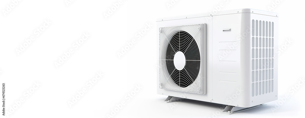 custom made wallpaper toronto digitalAir heat pump on white background. Modern, environmentally friendly heating. Air source heat pumps are efficient and renewable source of energy. Banner with copy space for text, advertising.