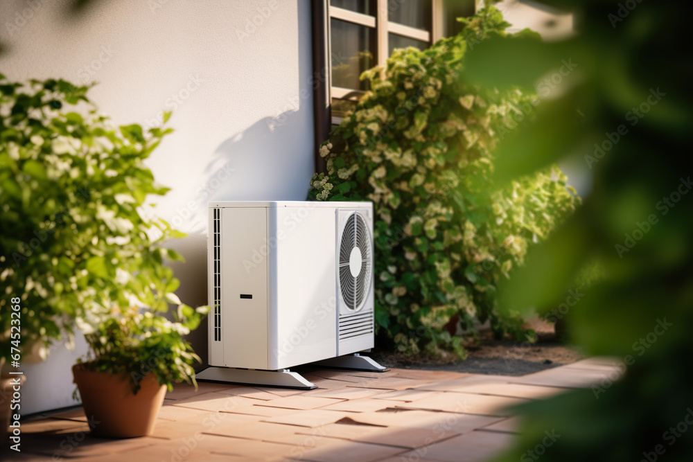Air heat pump standing outdoors. Modern, environmentally friendly heating. Save your money with air pump. Air source heat pumps are efficient and renewable source of energy. - obrazy, fototapety, plakaty 
