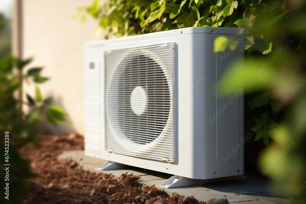 Air heat pump standing outdoors. Modern, environmentally friendly