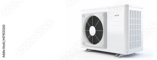 Air heat pump on white background. Modern, environmentally friendly heating. Air source heat pumps are efficient and renewable source of energy. Banner with copy space for text, advertising. photo
