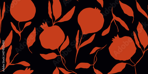 Seamless pattern of hand drawn red pomegranate and leaves. Perfect for textile manufacturing wallpaper posters etc. Vector illustration
