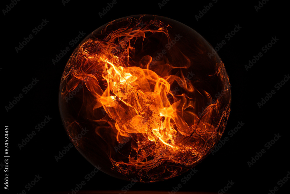 Fototapeta premium A fiery ball of light hovers seemingly suspended in the depths of darkness, casting an intense glow that lights up the surrounding blackness. Generative AI.