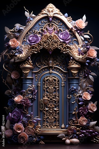 Vintage door with flowers on a dark background. 3d rendering