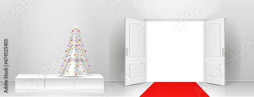The interior of an empty room with a white wall, an open door, a red carpet and a Christmas tree.
Free space for copying, 3d image. photo