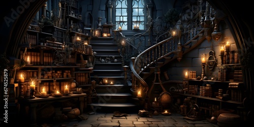 3d rendering of a medieval castle interior with wooden stairs and candles