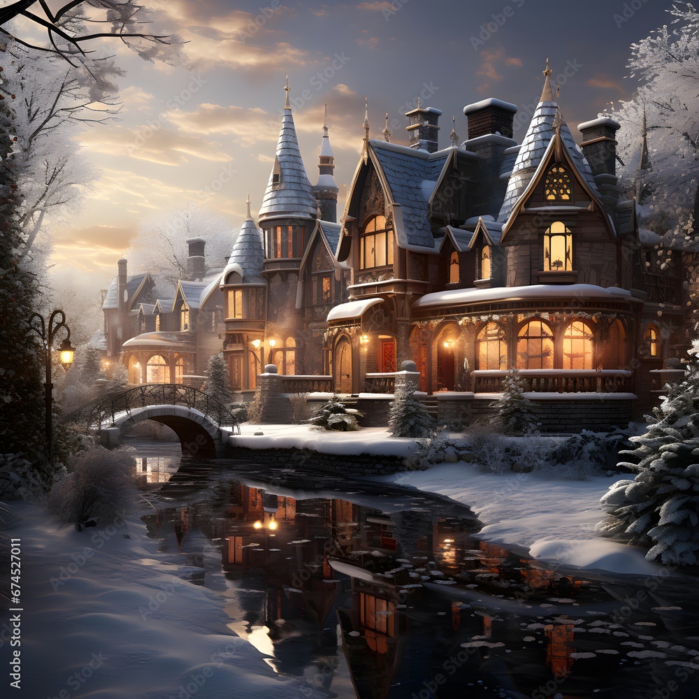 Snowy winter landscape with wooden houses, trees and river at sunset