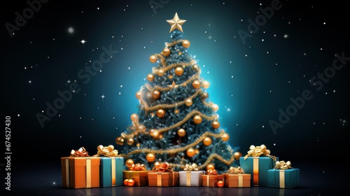 Árbol de Navidad decorado con bolas doradas y regalos con un fondo de estrellas. photo