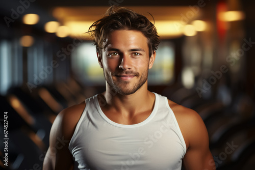 portrait of young muscular man resting in gym while looking at camera. Healthy lifestyle