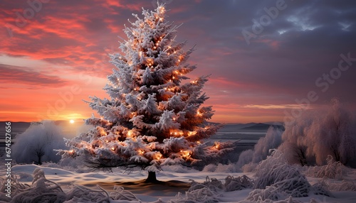 Fantastic winter landscape. Christmas tree in the snow. 3d render
