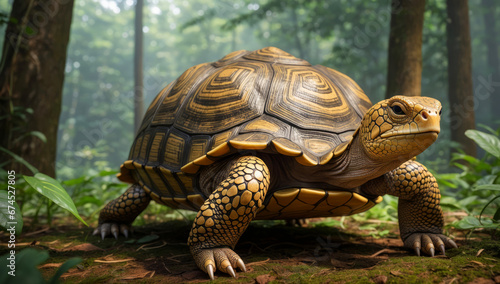 A giant tortoise wanders through a forest. © AMERO MEDIA