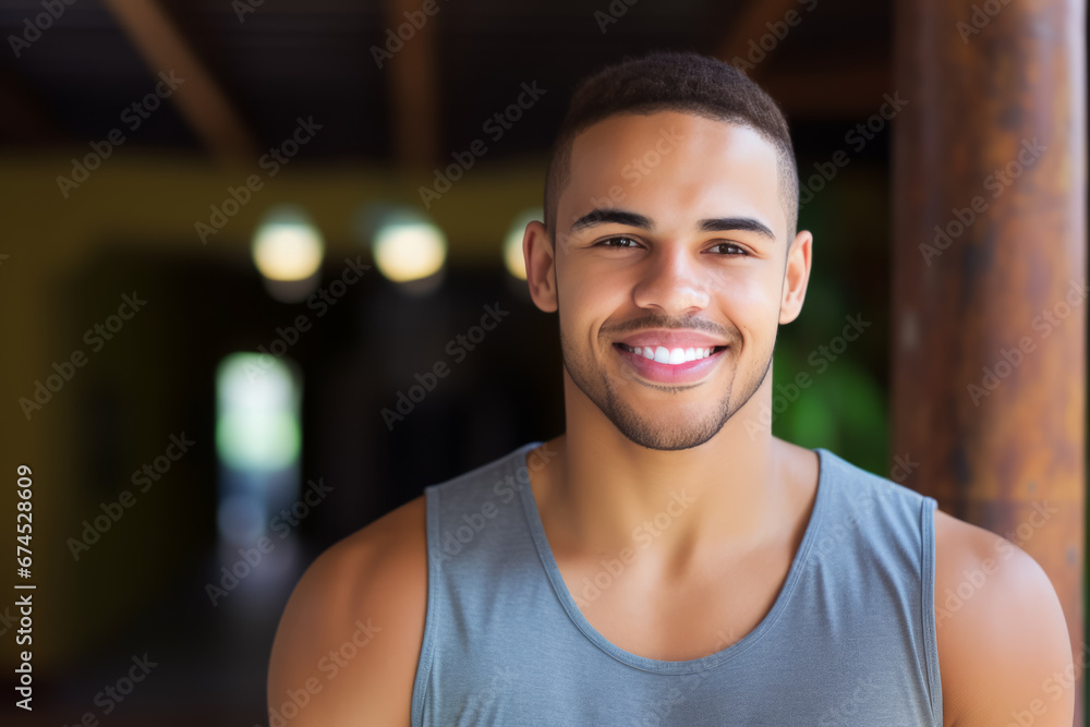 portrait of muscular African American man resting in gym while looking at camera. Healthy lifestyle