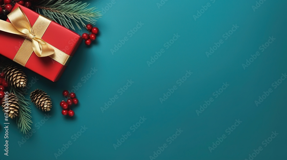 turquoise christmas background with poinsettia with leaves, red berries, gift box wrapped red silk ribbon, gold tinsel, with empty copy Space
