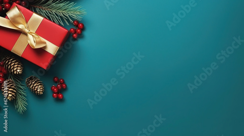 turquoise christmas background with poinsettia with leaves, red berries, gift box wrapped red silk ribbon, gold tinsel, with empty copy Space