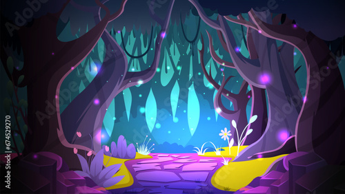 a mystical woodland with trees, lush, vegetation and sparkling fairy lights. suitable for book cover and game background vector illustration © avn99projects