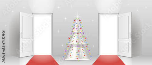 The interior of an empty room with a white wall, an open door, a red carpet and a Christmas tree.
Free space for copying, 3d image.