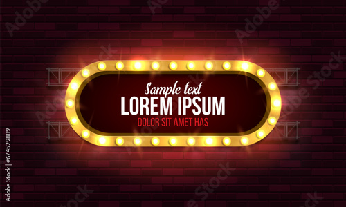 Shining retro billboard on brick wall background. Vintage bright sign board for your design. Vector illustration.