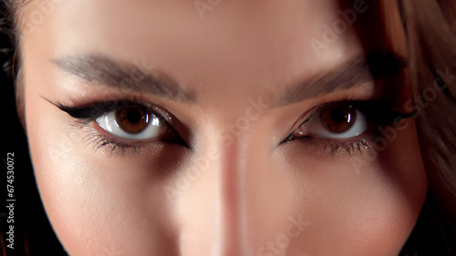 Close-up of beautiful female eyes looking at the camera. The concept of professional makeup, decorative cosmetics and excellent vision.