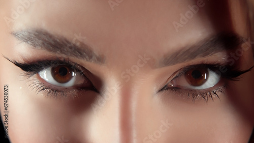 Close-up of beautiful female eyes looking at the camera. The concept of professional makeup, decorative cosmetics and excellent vision.