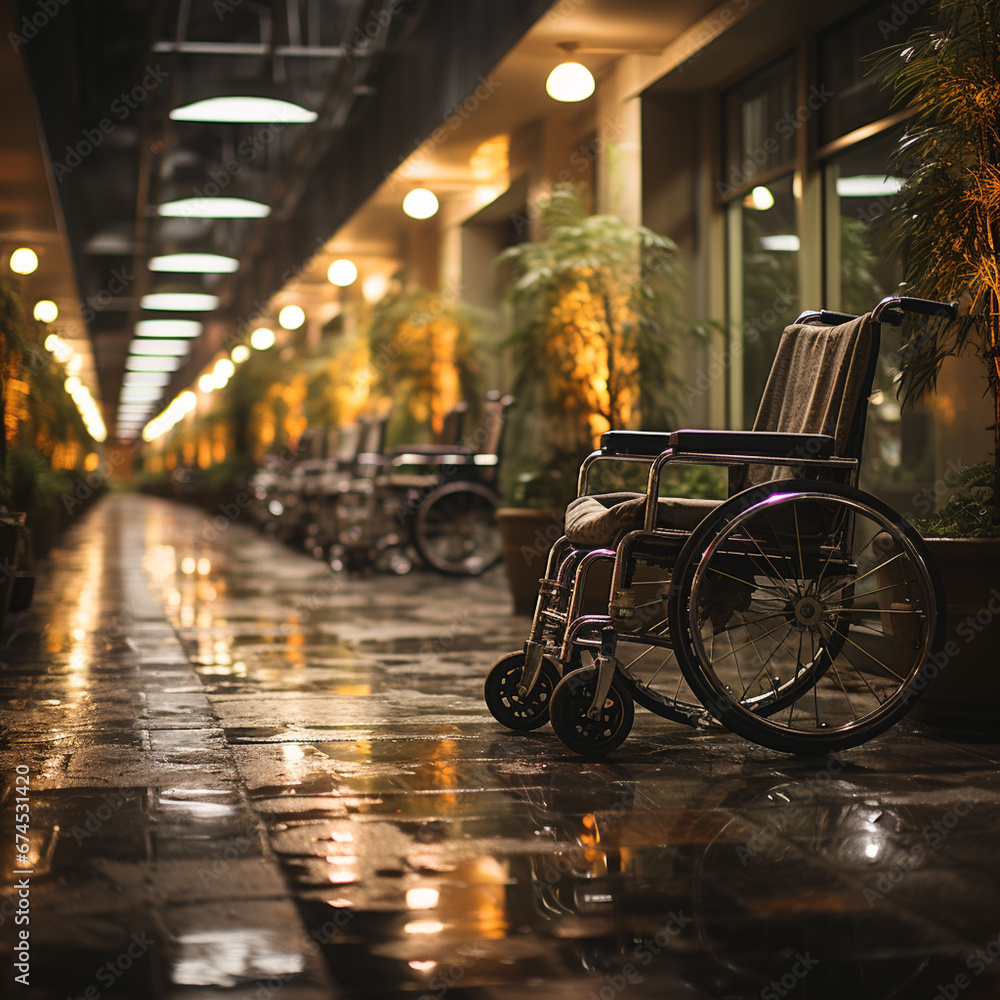Obraz premium Row Wheelchairs in the hospital ,Wheelchairs waiting for patient services.