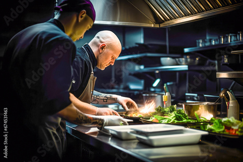 Chefs prepare dinner in a restaurant surrounded by food and other employees.