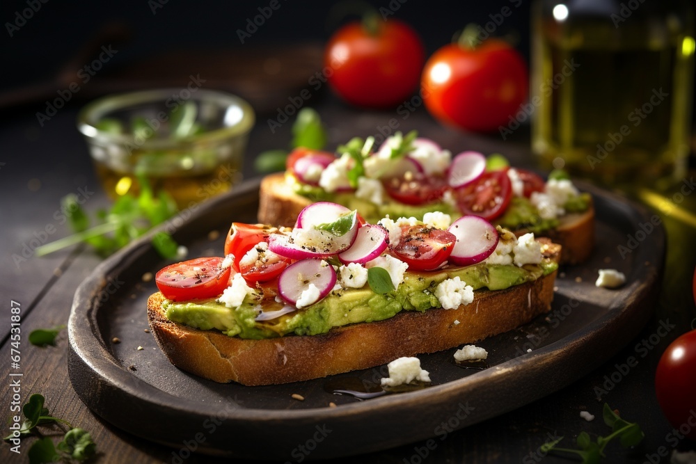 Fresh Fusion: Avocado Toasts adorned with Radishes, Tomatoes, and Feta, Drizzled with Olive Oil