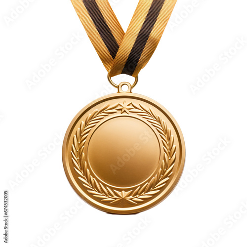 Gold medal on ribbon isolated on white transparent background