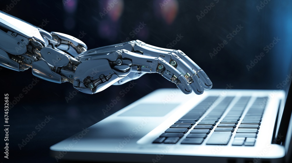 a hand of a robot typing on a laptop, chatbot robotic futuristic artificial intelligence concept a hand of a robot typing on a laptop, chatbot robotic futuristic artificial intelligence concept