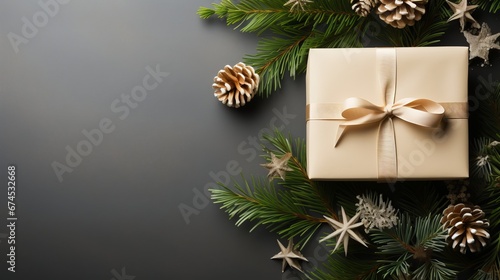 Christmas arrangement with box and spruce branches, top view, copy space. AI generated © PandaStockArt