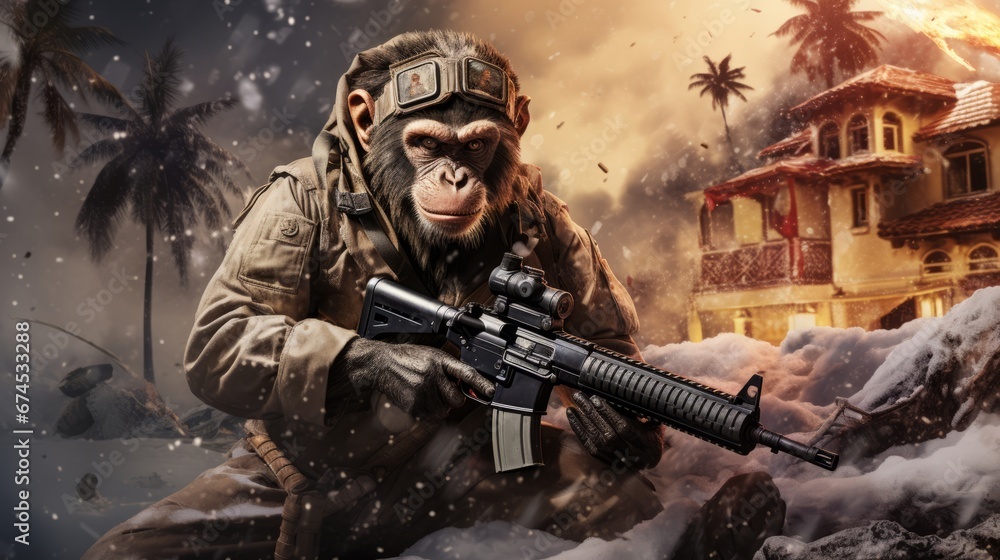 Monkey with a machine gun in military clothes. The concept of senseless aggression and destruction. Monkey with a machine gun in military clothes. The concept of senseless aggression and destruction.