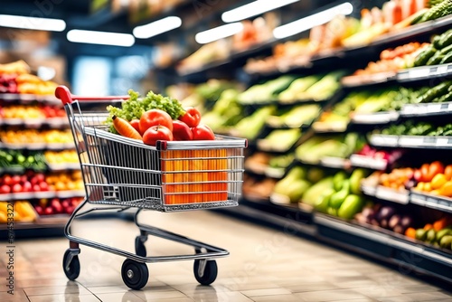 Blur store background with shopping cart full of produce and fruits