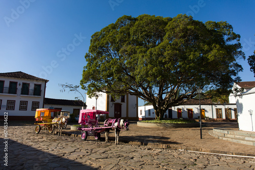 Cart and horse on a street in the city of Tiradentes, Minas Gerais, Brazil. Old wagon for a ride in the historic colonial city