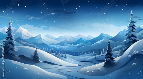 Serene winter night landscape with stars over snow-covered mountains and forest.