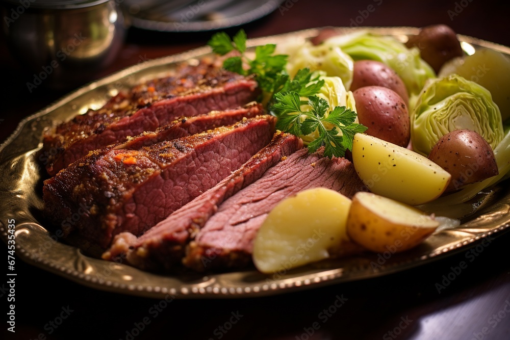 Savory Delight: Corned Beef with Cabbage and Potatoes Presented on a Serving Platter - obrazy, fototapety, plakaty 