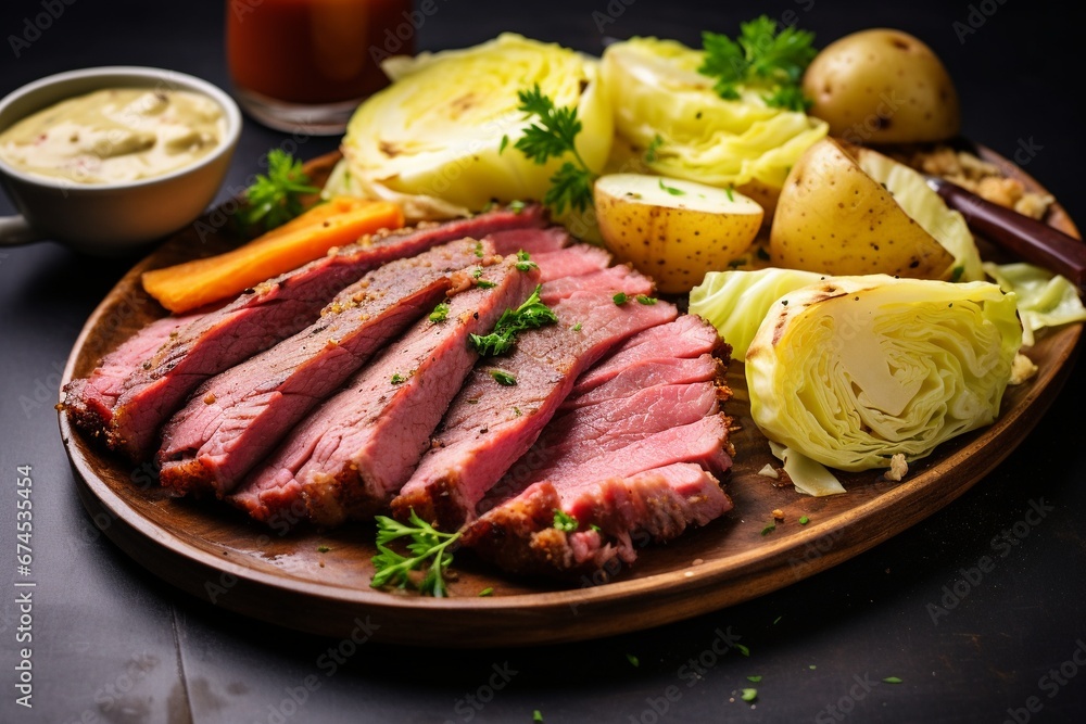 Savory Delight: Corned Beef with Cabbage and Potatoes Presented on a Serving Platter Savory Delight: Corned Beef with Cabbage and Potatoes Presented on a Serving Platter