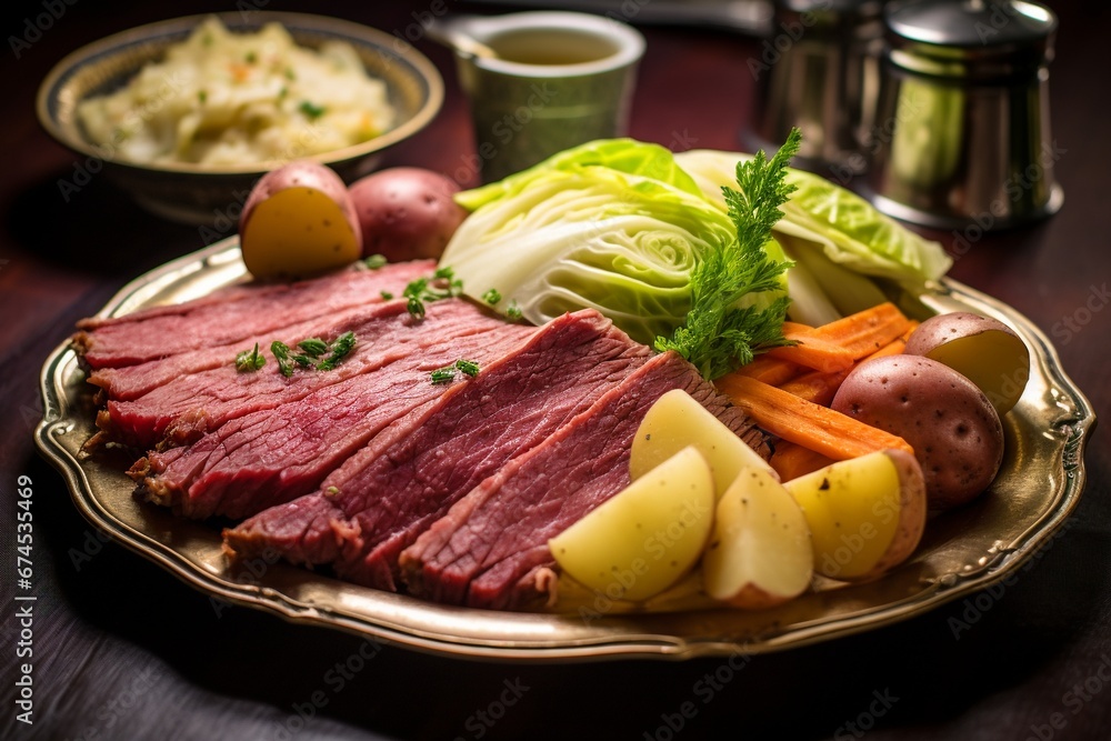 Savory Delight: Corned Beef with Cabbage and Potatoes Presented on a Serving Platter