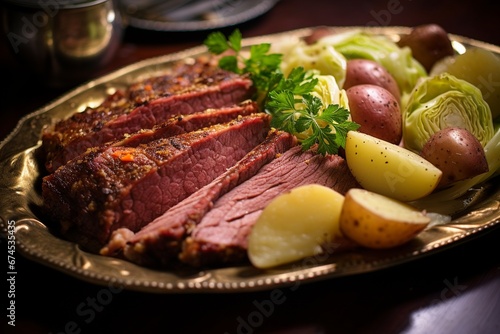 Savory Delight: Corned Beef with Cabbage and Potatoes Presented on a Serving Platter