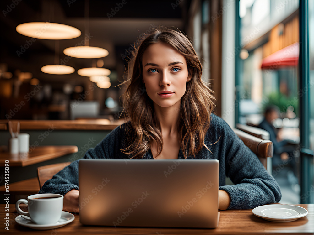 Portrait of beautiful young woman using laptop while sitting in cafe.IA generativa Portrait of beautiful young woman using laptop while sitting in cafe.IA generativa