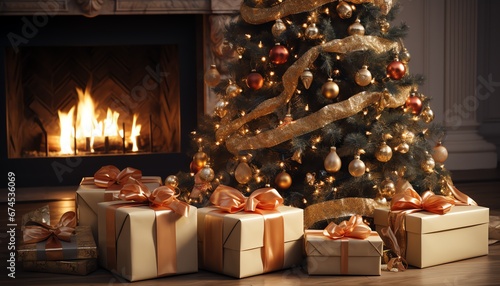 fireplace with christmas decorations © mai