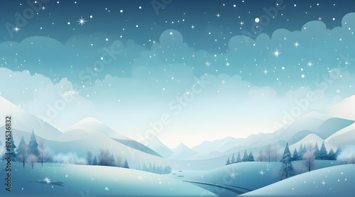 Serene winter night landscape with glowing stars over snow-covered mountains and forest.