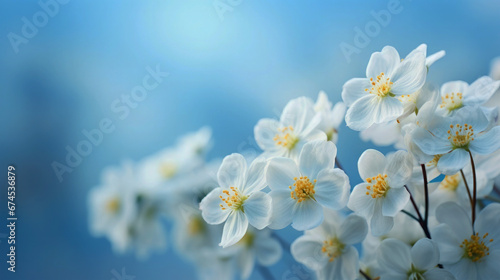 White flower, plant, macro image, smooth natural character on blue background