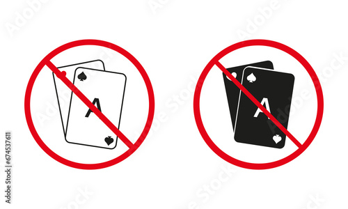 No Allowed Playing Black Jack and Royal Poker Sign. Prohibited Game Card Deck Line and Silhouette Icon Set. Ban Play Card. Stop Casino Gambling Red Symbol Collection. Isolated Vector Illustration
