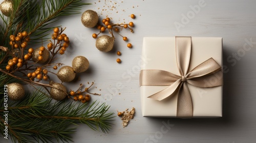 Holiday composition with wrapped presents and fresh spruce branches with copy space. AI generated © PandaStockArt
