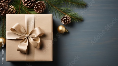 Holiday composition with wrapped presents and fresh spruce branches with copy space. AI generated © PandaStockArt
